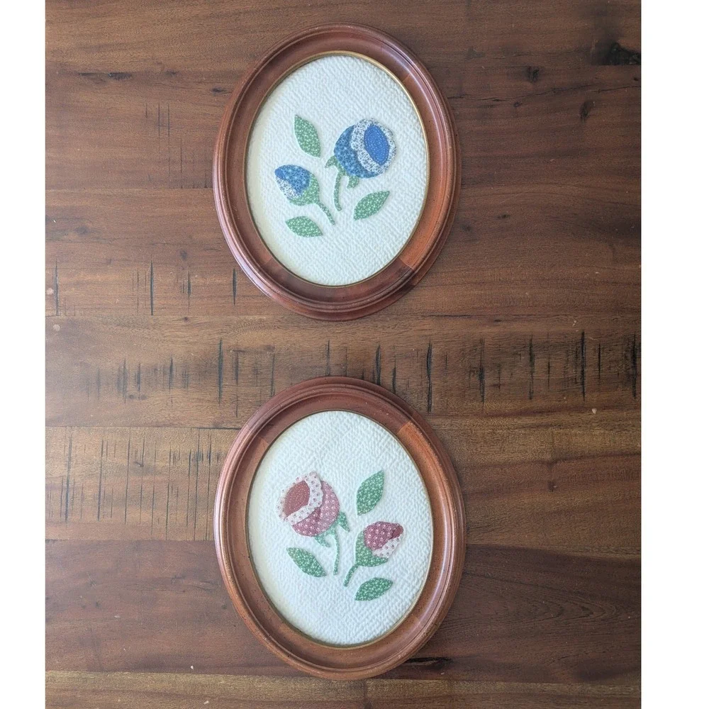 Vtg Handmade Framed Fabric Art Blue Pink Quilted Floral Cottagecore Set of 2